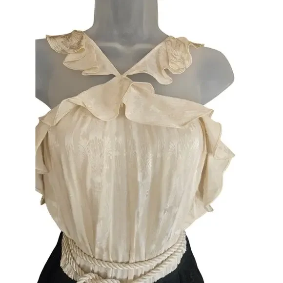 Rachel Zoe Ivory Black Halter Jumpsuit SZ 6 Ruffled Slraps Silk Tassled Tie NWT - Picture 4 of 11